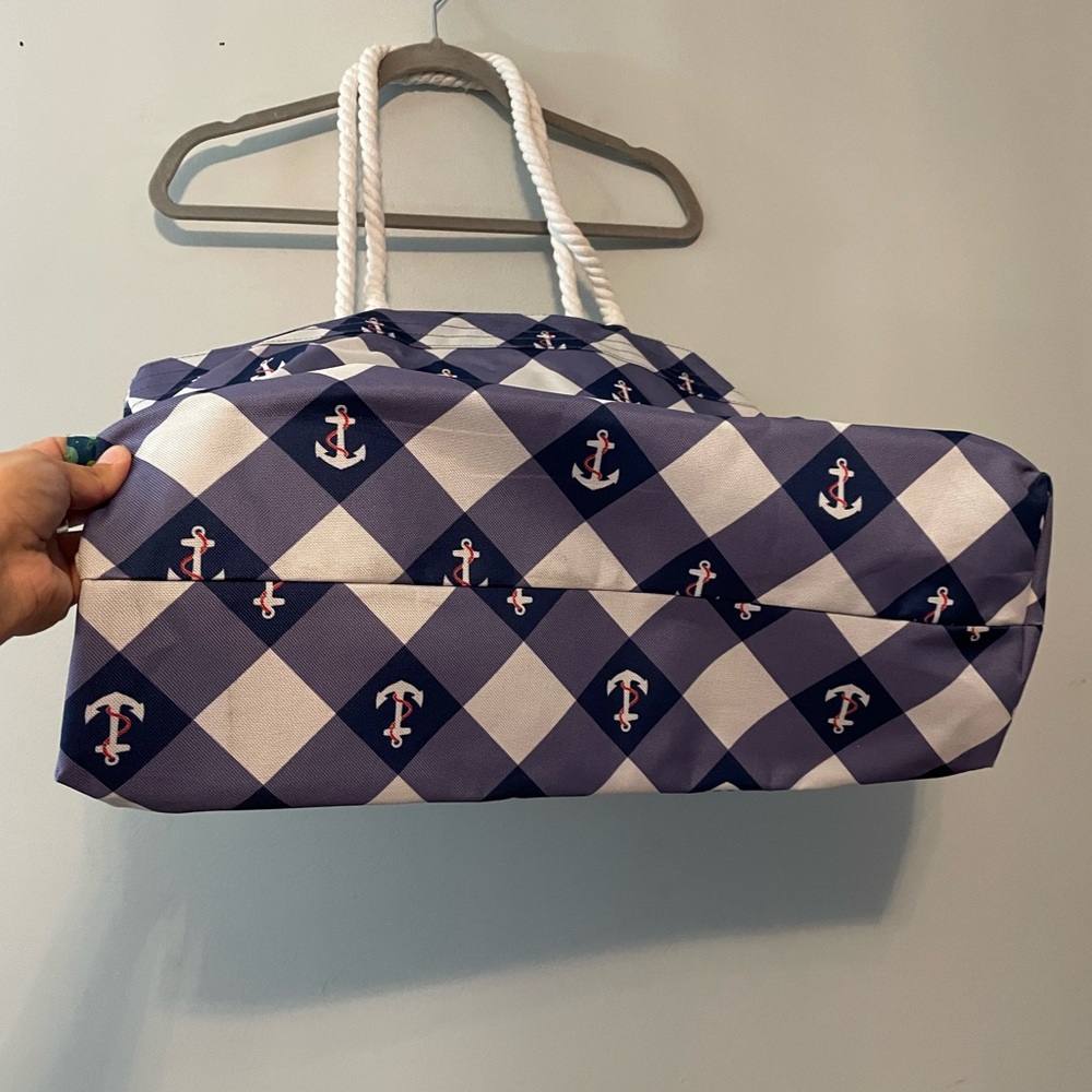 Nautical Anchor Pattern Beach Tote Bag - Navy and White - Picture 3 of 9